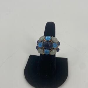 Blue Rhinestone gemstone gold cluster stretchy ring